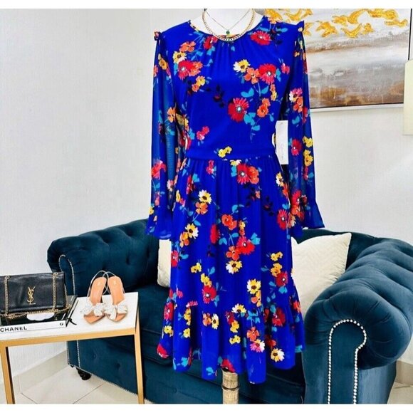 Calvin Klein Dresses & Skirts - CALVIN KLEIN Bright Blue Multicolor Floral Daisy Shift Dress  Bell Sleeves Sz 10